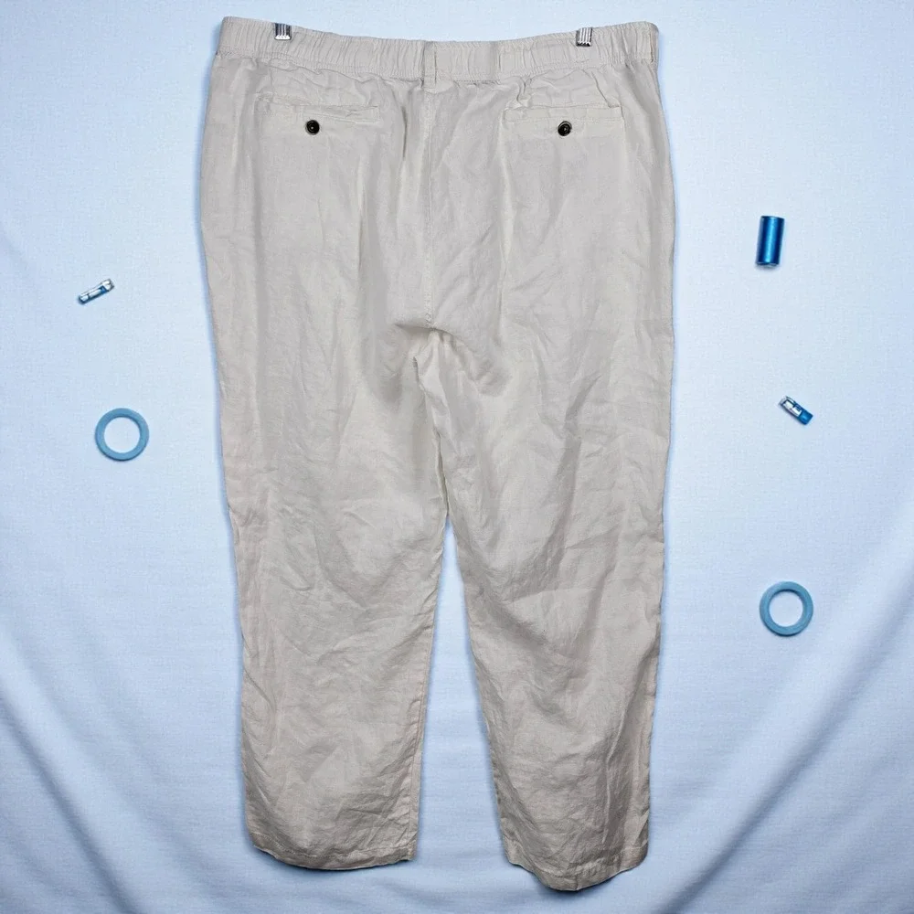 28 Palms White 100% Linen Pants Men XXL Flat Front Elastic Waist Casual Trousers